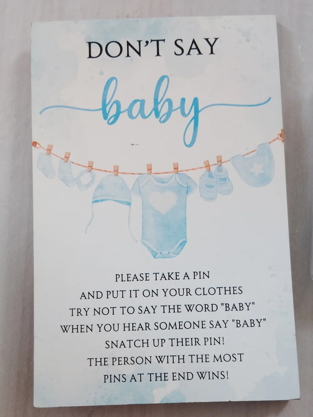 Baby Shower Game Sign and Blue Clothespin Set - Don’t Say Baby